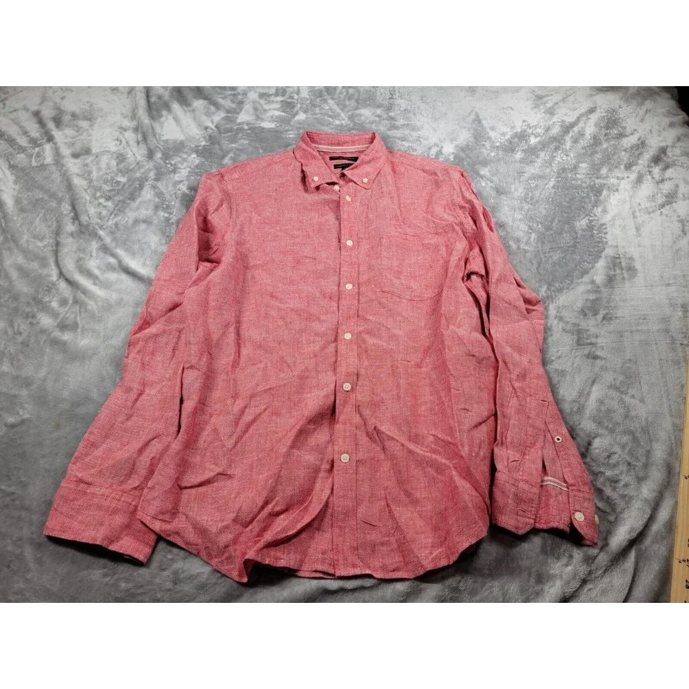Banana Republic‎ Shirt Mens Large 100% Linen Red Chambray Camden Fit Button Up